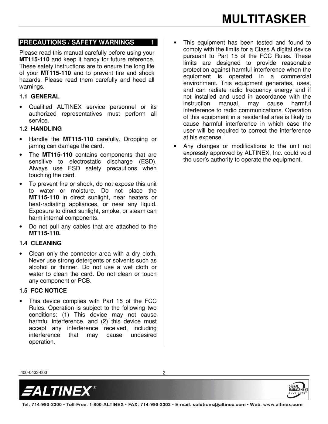 Altinex MT115-110 manual Precautions / Safety Warnings, General, Handling, Cleaning, FCC Notice 