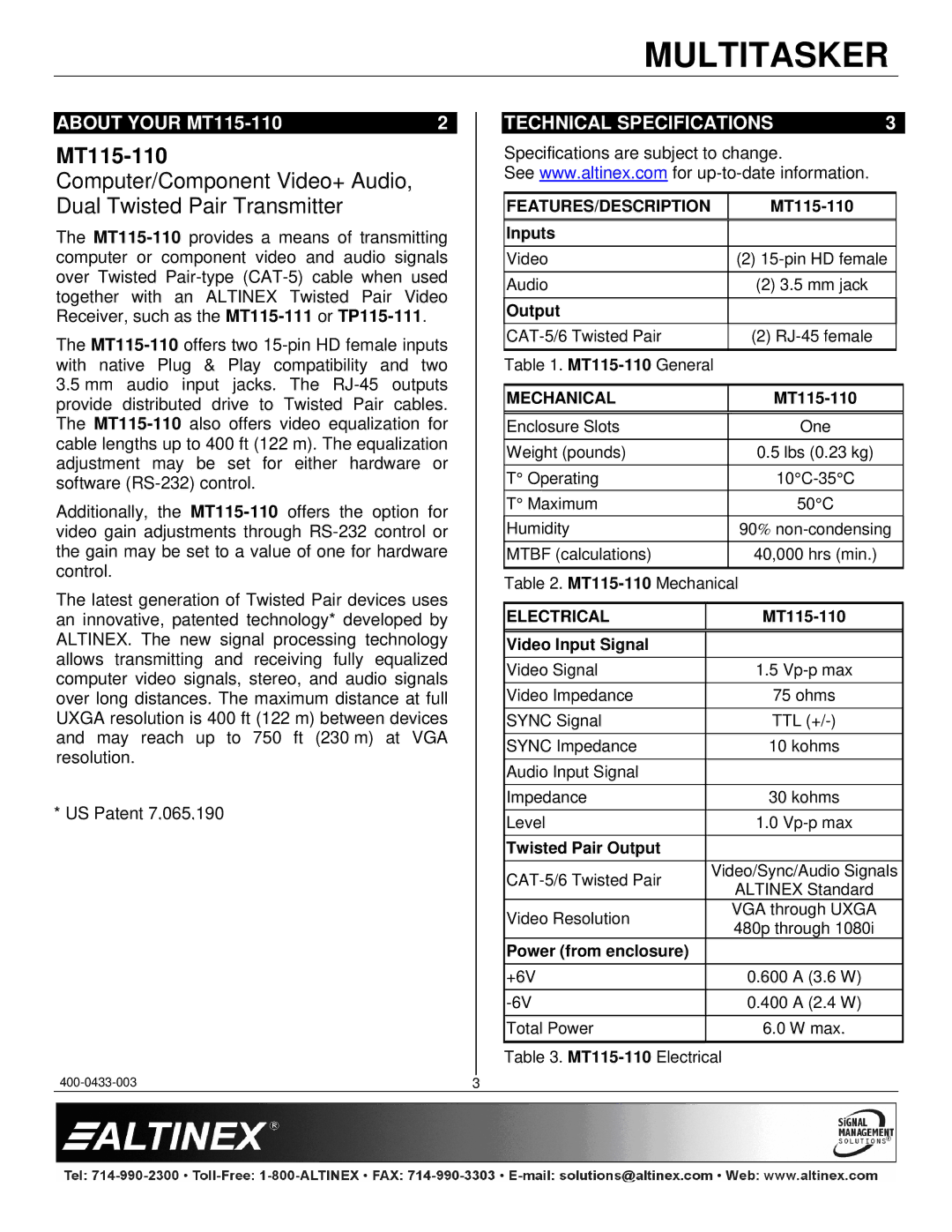 Altinex manual About Your MT115-110, Technical Specifications 