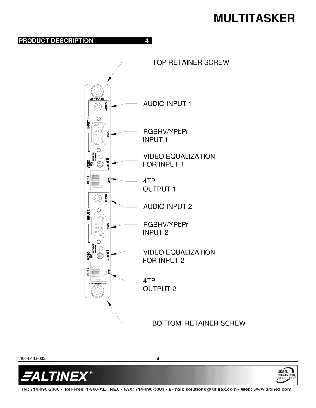 Altinex MT115-110 manual Product Description 