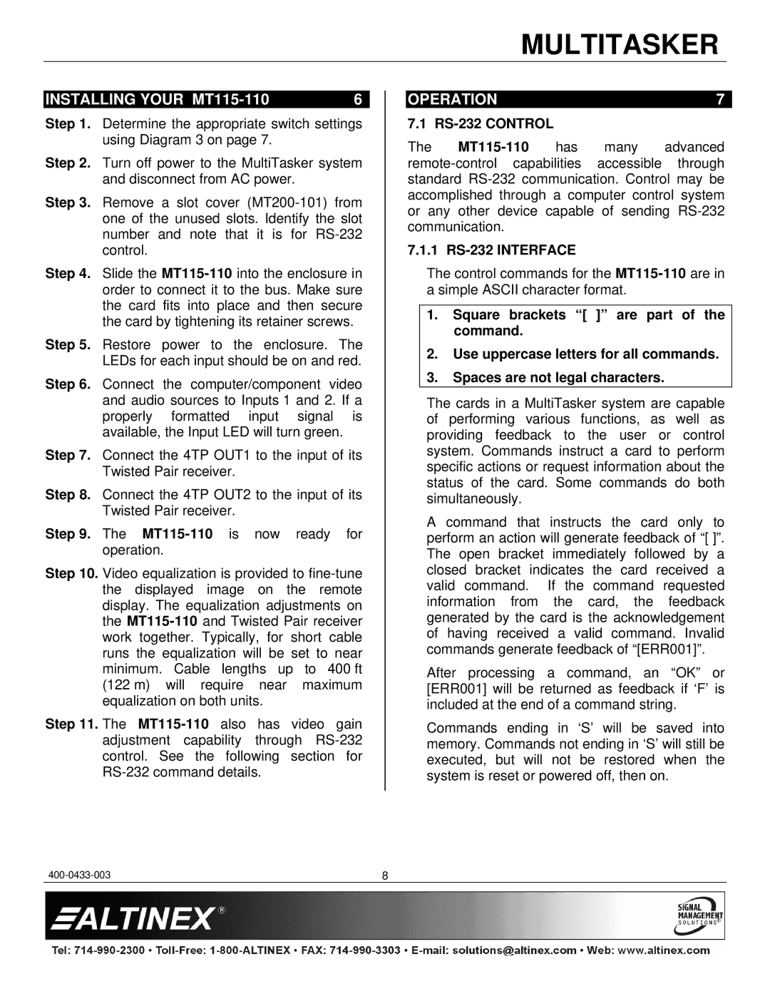 Altinex manual Installing Your MT115-110, Operation, RS-232 Control, 1 RS-232 Interface 