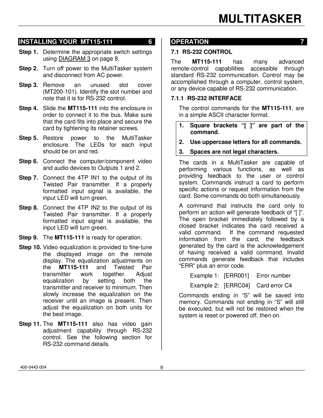 Altinex manual Installing Your MT115-111, Operation, RS-232 Control, 1 RS-232 Interface 