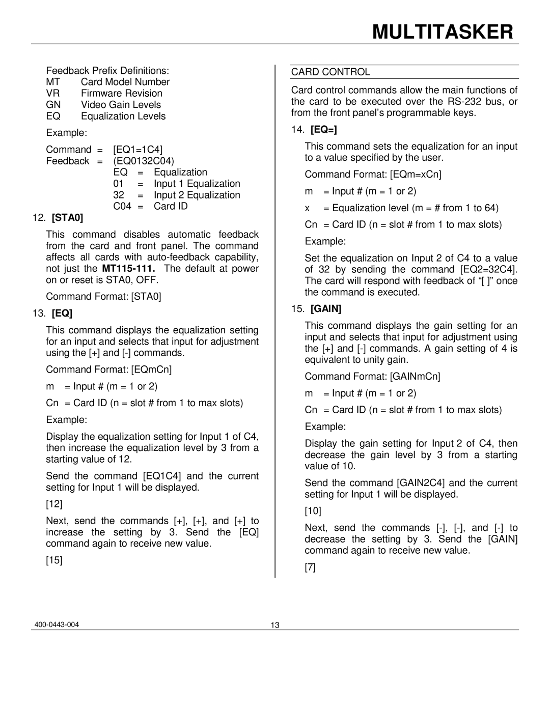 Altinex MT115-111 manual STA0, 13. EQ, Card Control, 14. EQ=, Gain 