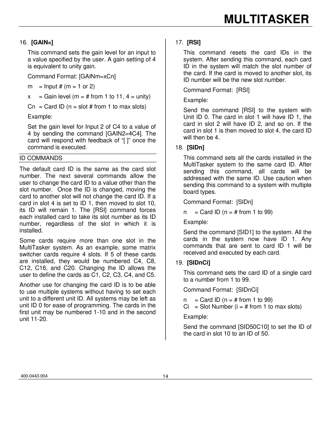 Altinex MT115-111 manual Gain=, ID Commands, Rsi, SIDnCi 