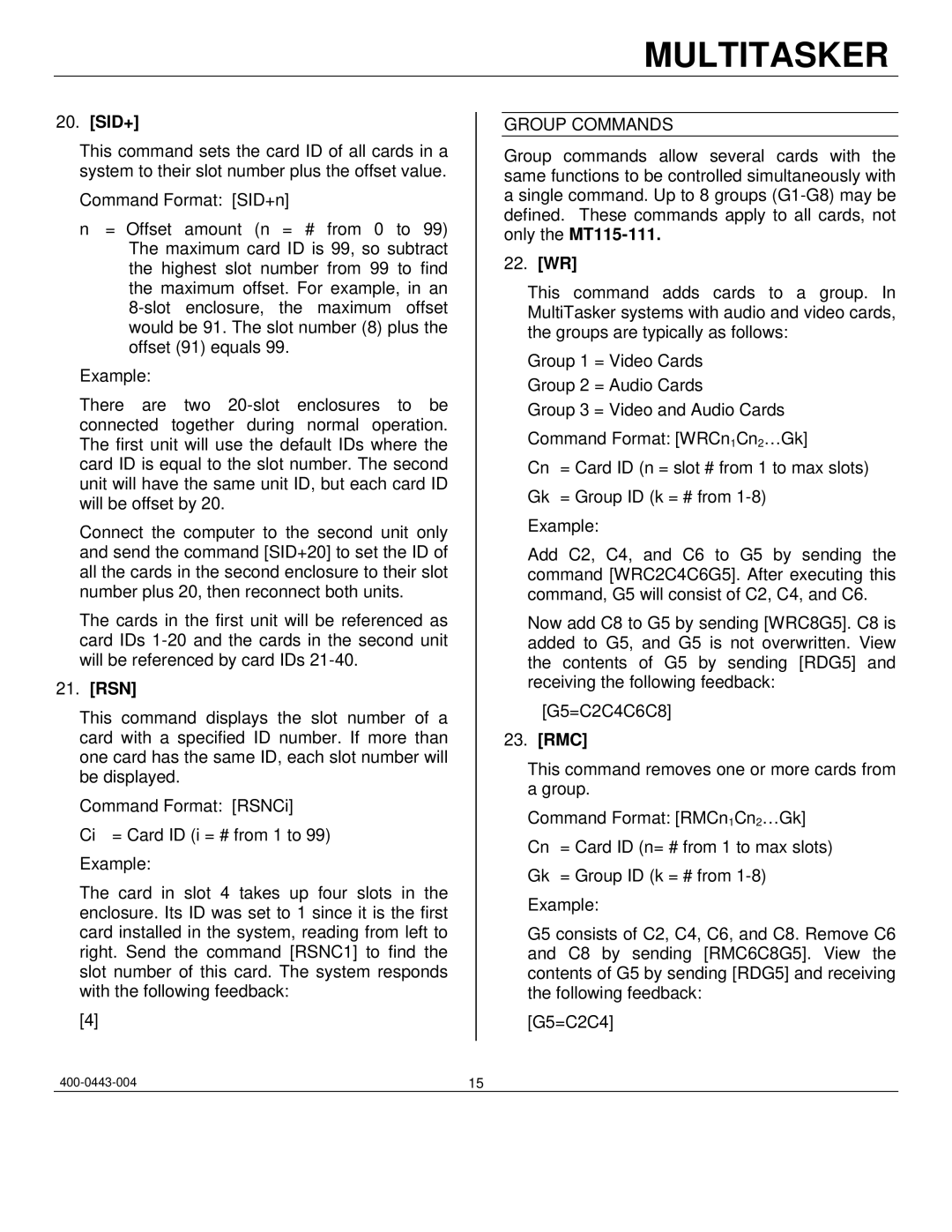 Altinex MT115-111 manual Sid+, Rsn, Group Commands, 22. WR, Rmc 