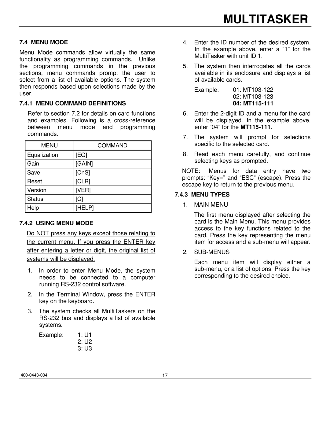 Altinex manual Menu Command Definitions, Using Menu Mode, 04 MT115-111, Menu Types 