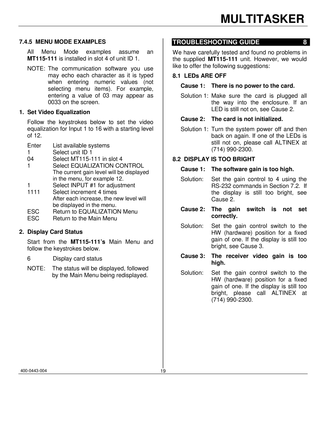 Altinex MT115-111 manual Troubleshooting Guide, Menu Mode Examples, Display is TOO Bright 