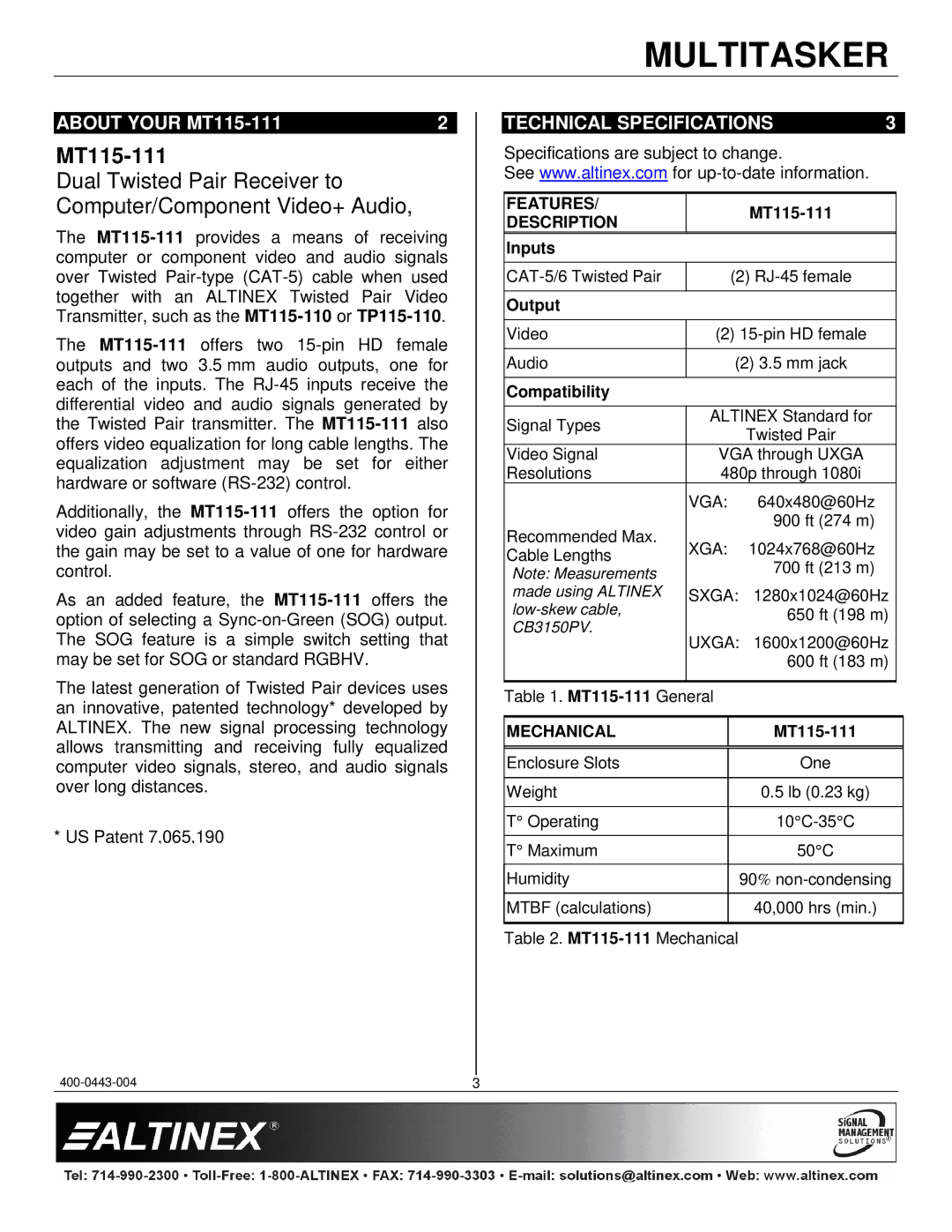 Altinex manual About Your MT115-111, Technical Specifications 