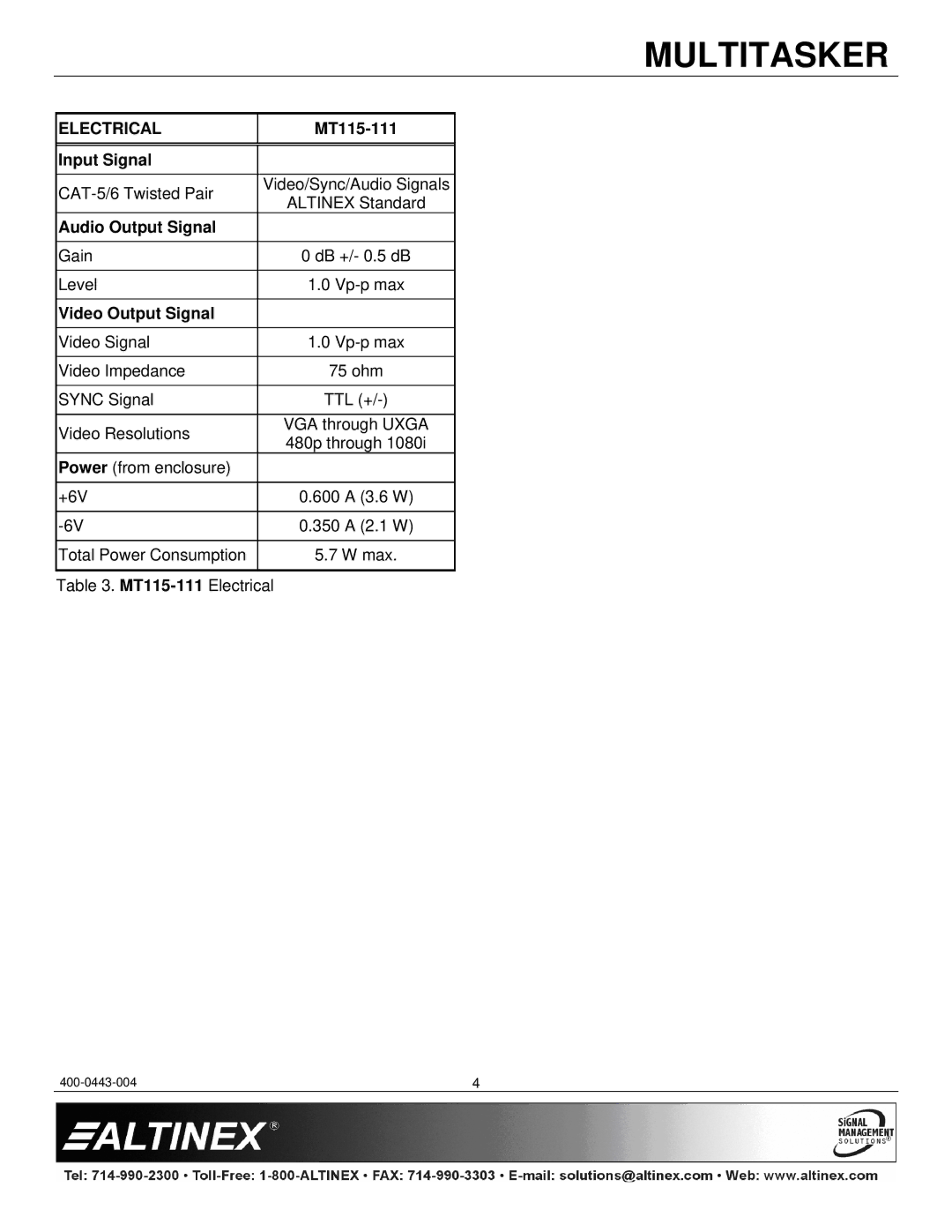 Altinex MT115-111 manual Electrical 