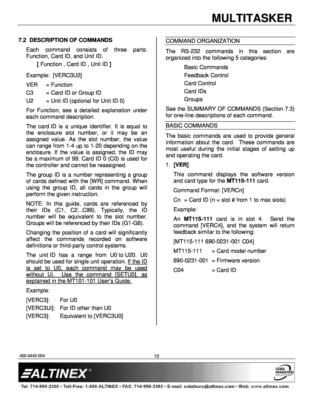Altinex MT115-111 manual Multitasker, Description Of Commands, 1.VER 