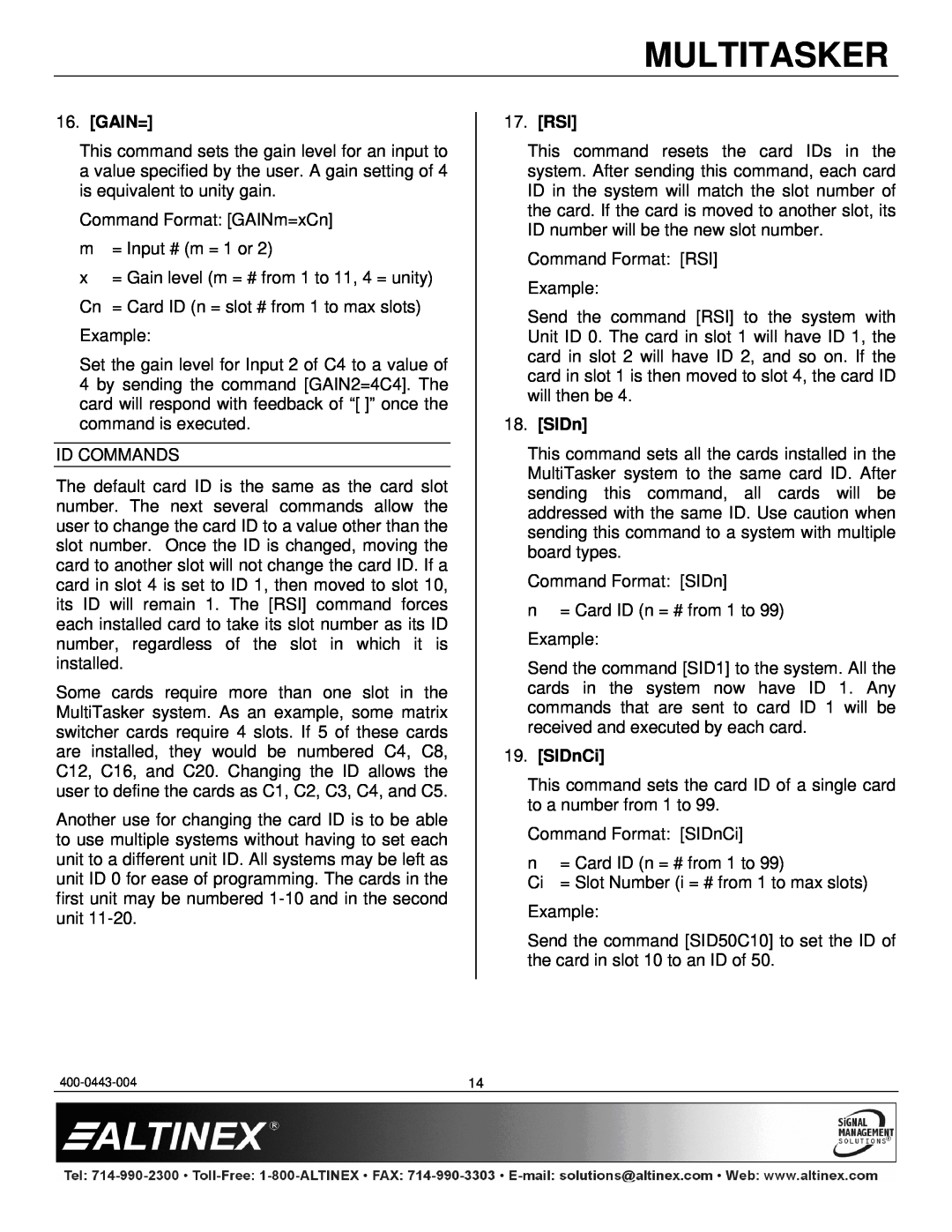 Altinex MT115-111 manual Multitasker, Gain=, 17.RSI, SIDnCi 