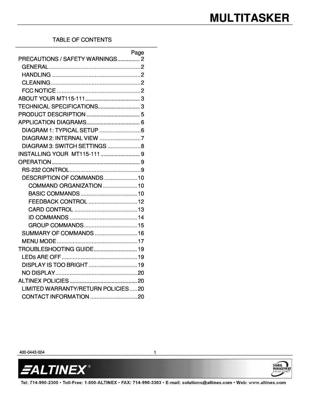 Altinex MT115-111 manual Multitasker, Table Of Contents 