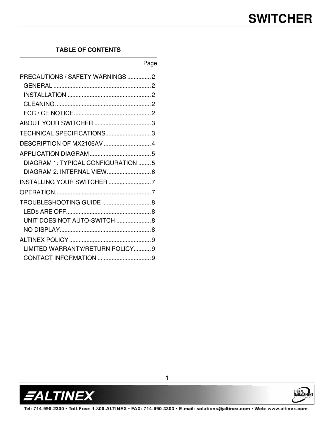 Altinex MX2106AV manual Table of Contents 