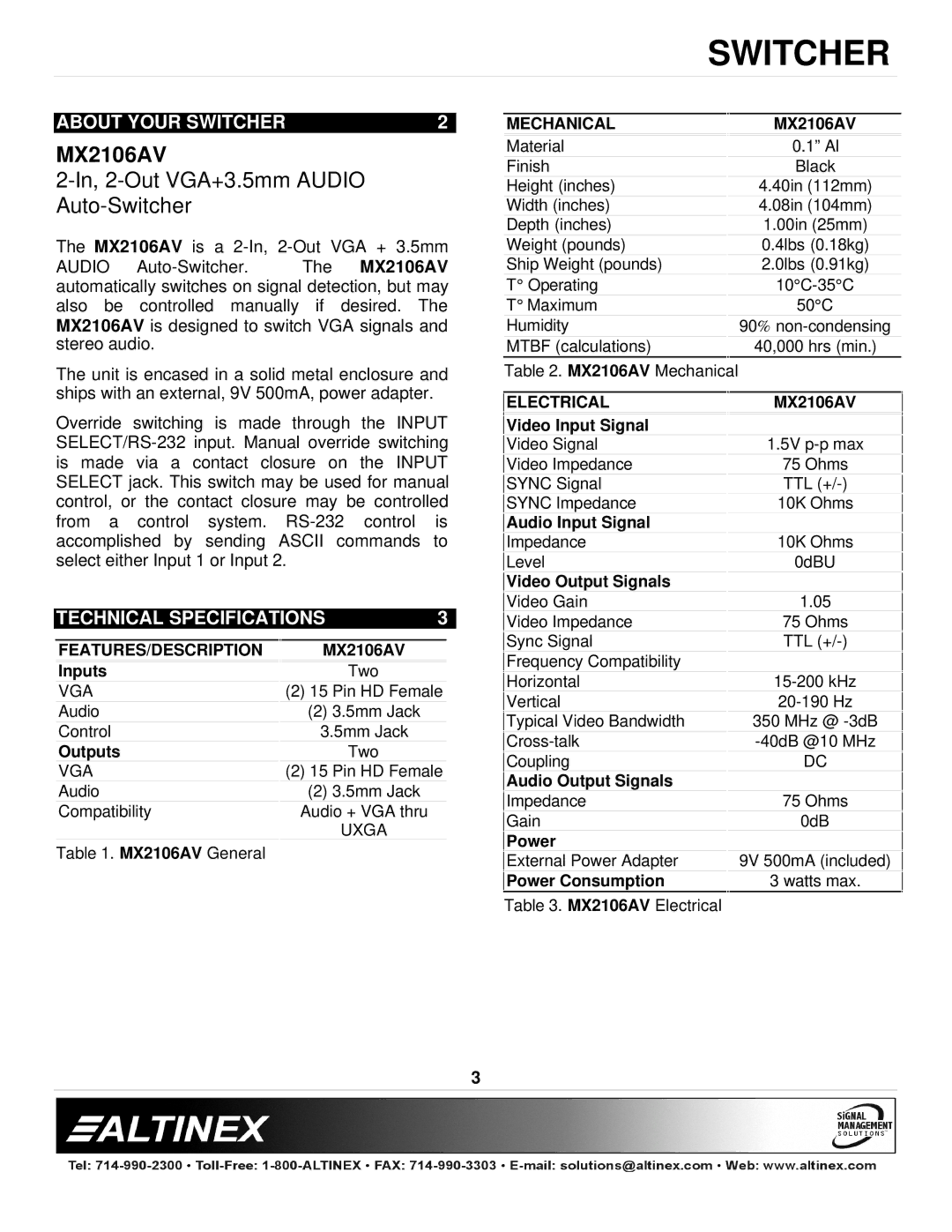 Altinex MX2106AV manual About Your Switcher, Technical Specifications 