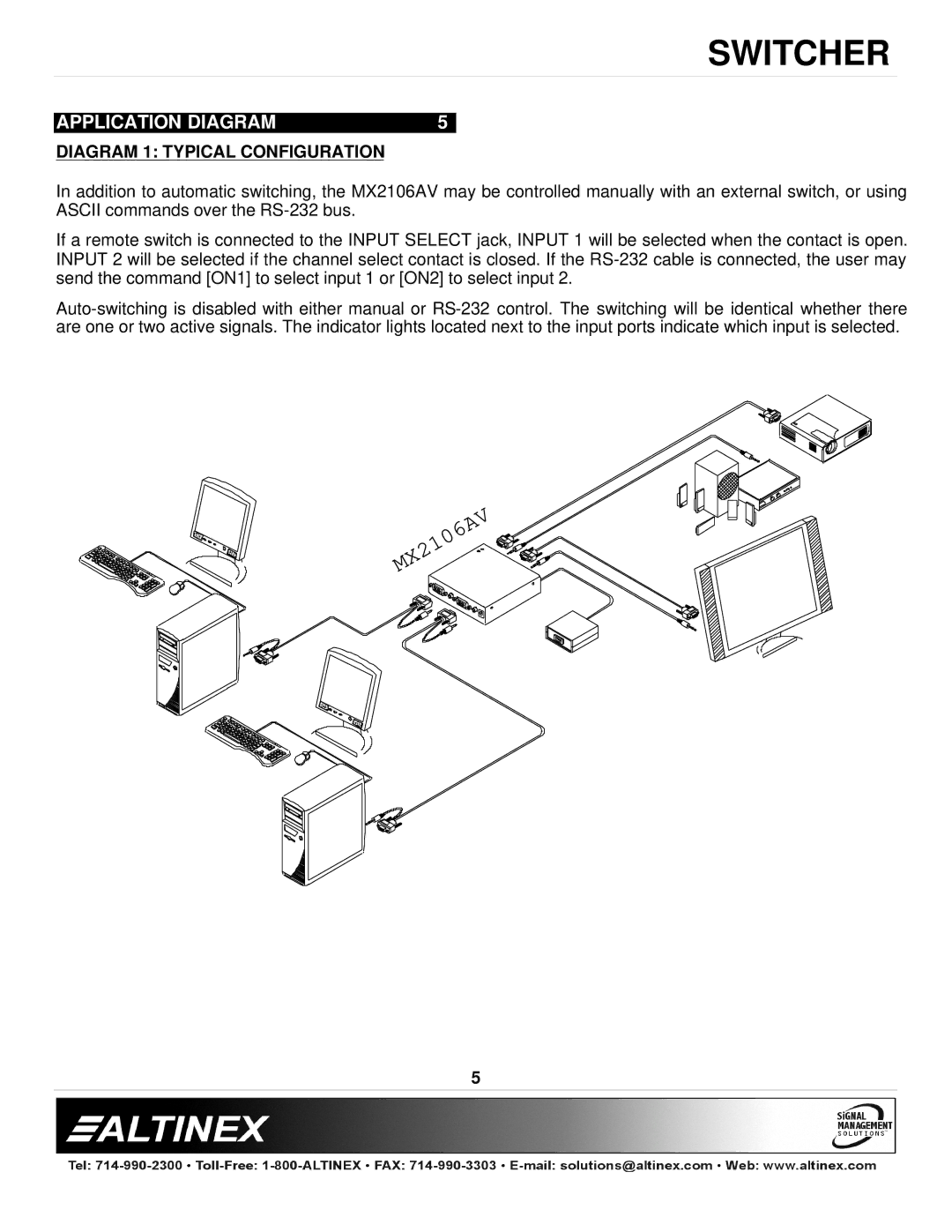 Altinex MX2106AV manual Application Diagram, Diagram 1 Typical Configuration 