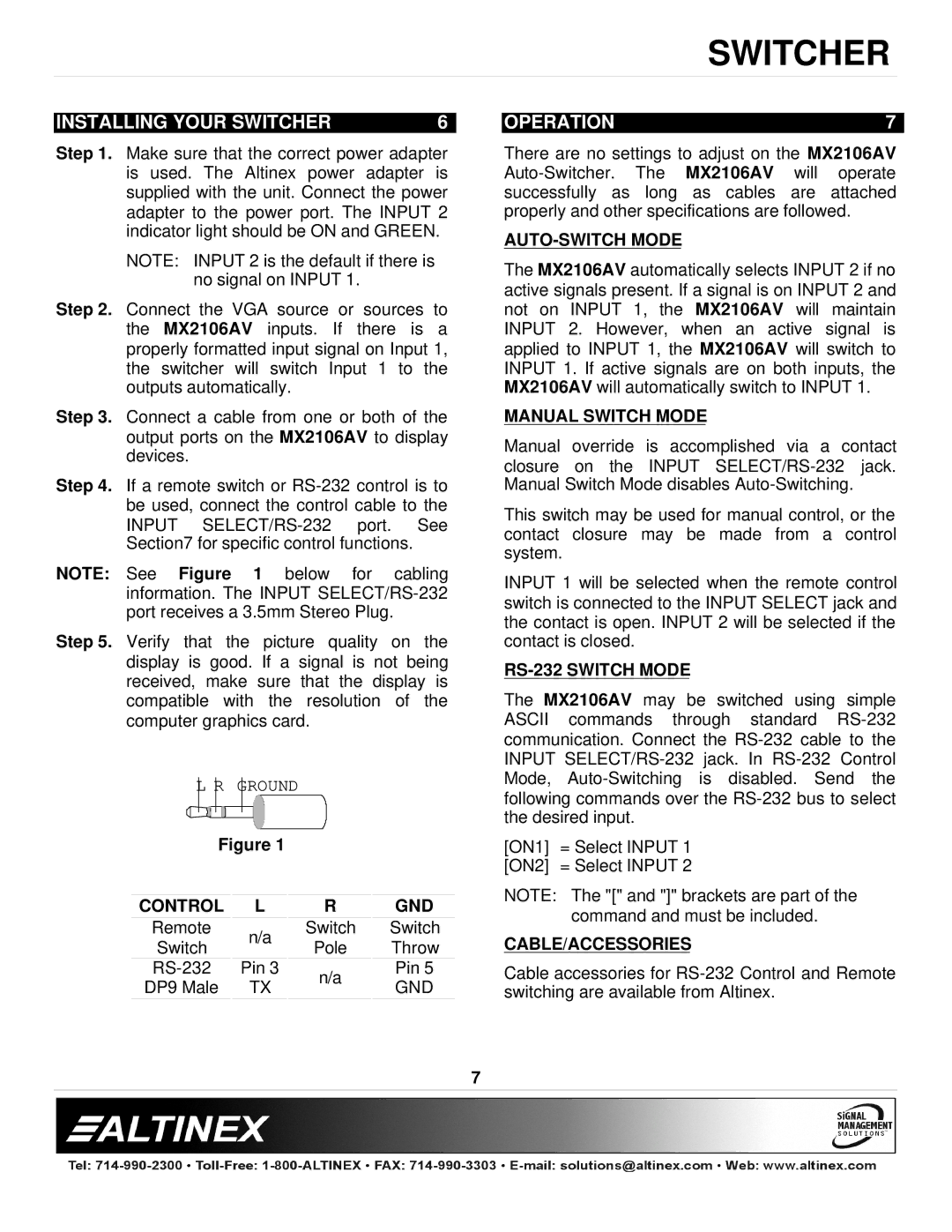 Altinex MX2106AV manual Installing Your Switcher, Operation 