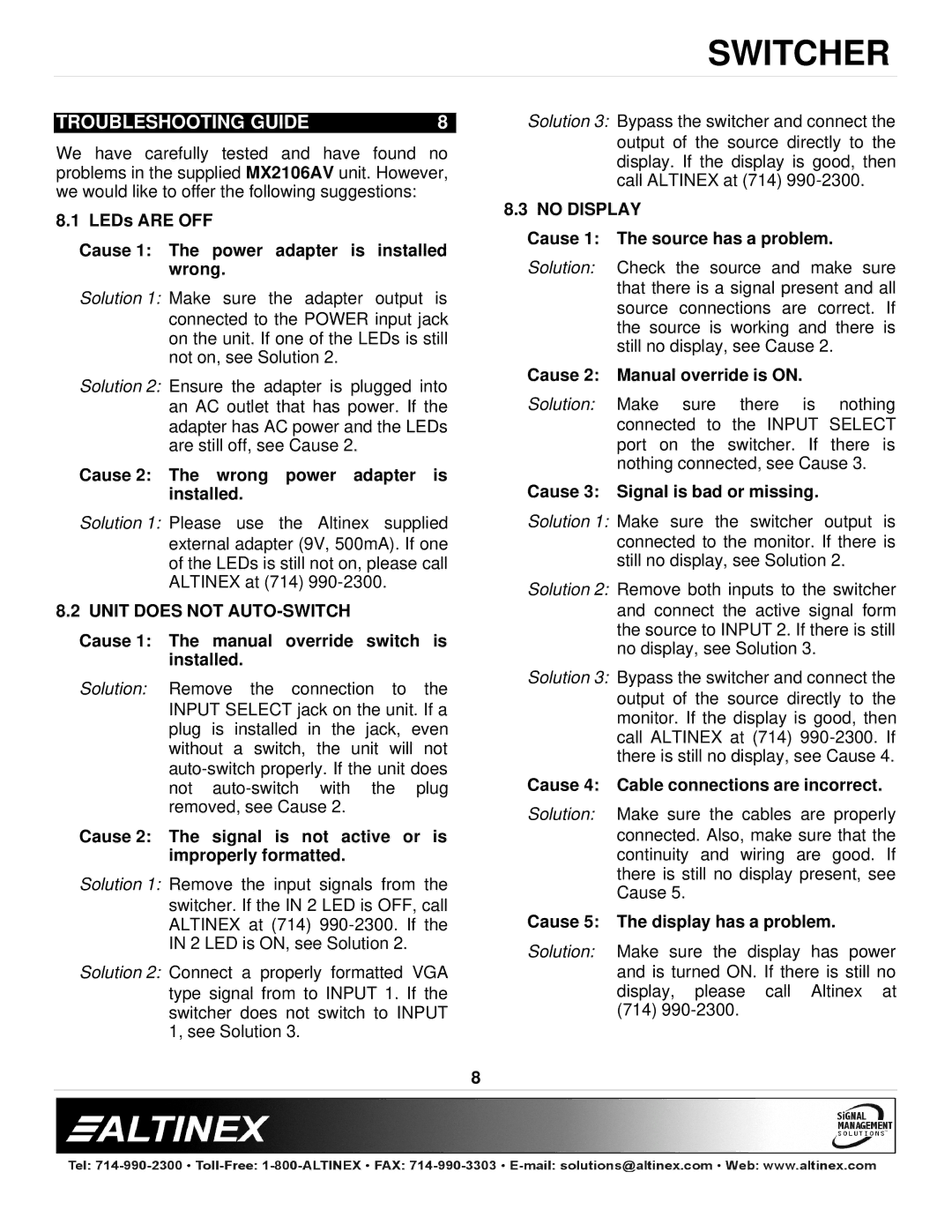 Altinex MX2106AV manual Troubleshooting Guide, Unit does not AUTO-SWITCH, No Display 