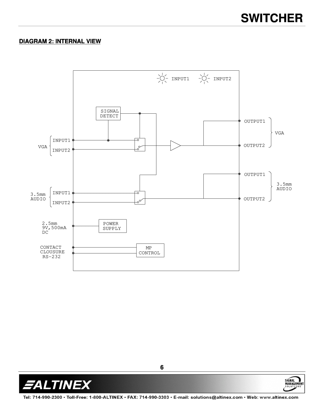 Altinex MX2106AV manual Switcher, DIAGRAM 2 INTERNAL VIEW, Detect, 3.5mm, Audio 