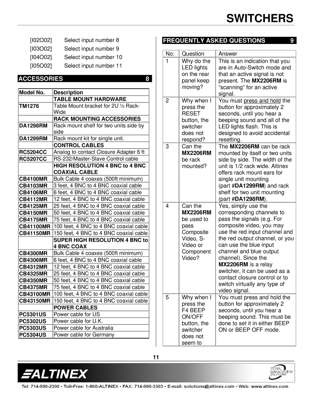 Altinex MX2206RM manual Frequently Asked Questions, Accessories, F4 Beep, On/Off 