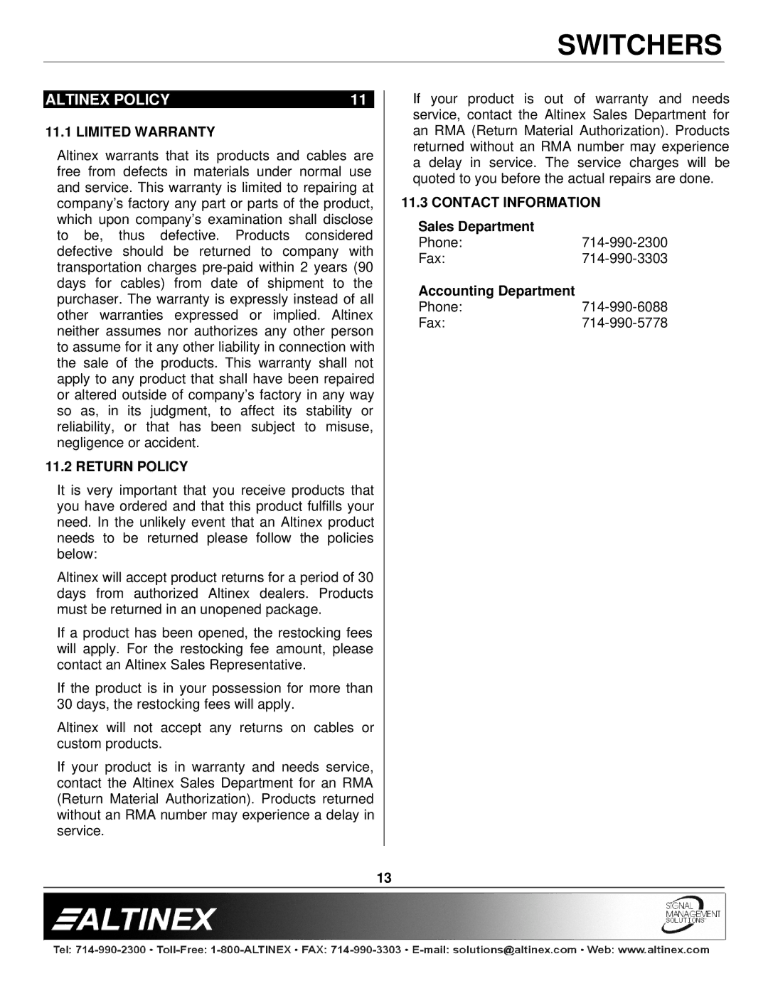 Altinex MX2206RM manual Altinex Policy, Limited Warranty, Return Policy, Contact Information 