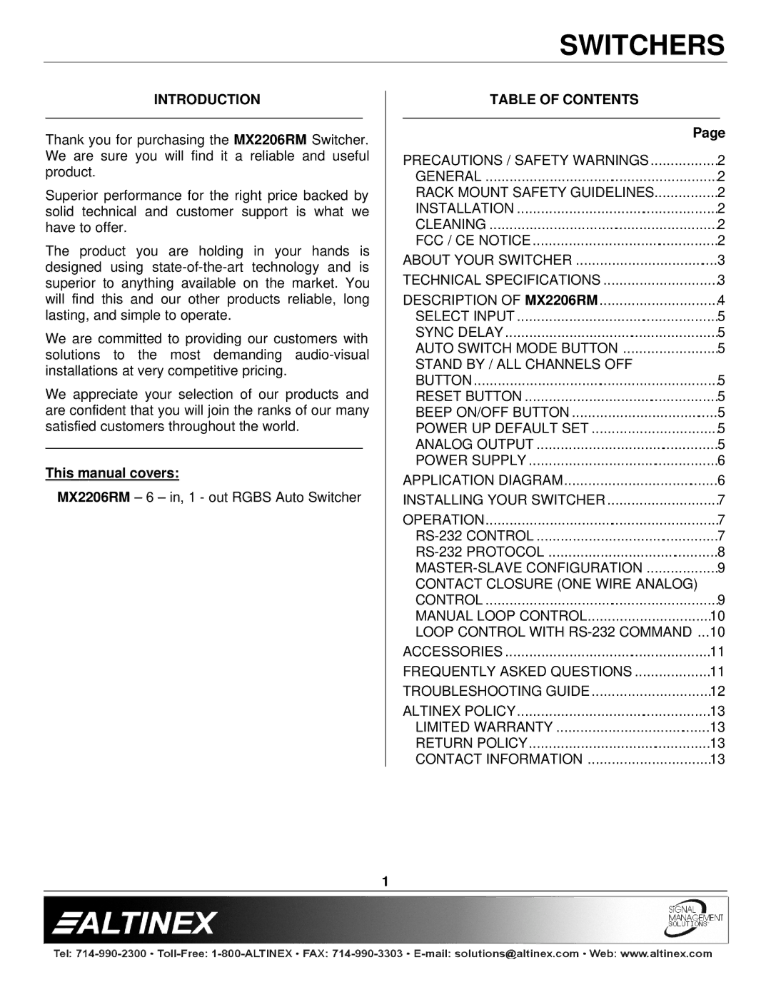 Altinex MX2206RM manual Introduction, Table of Contents 