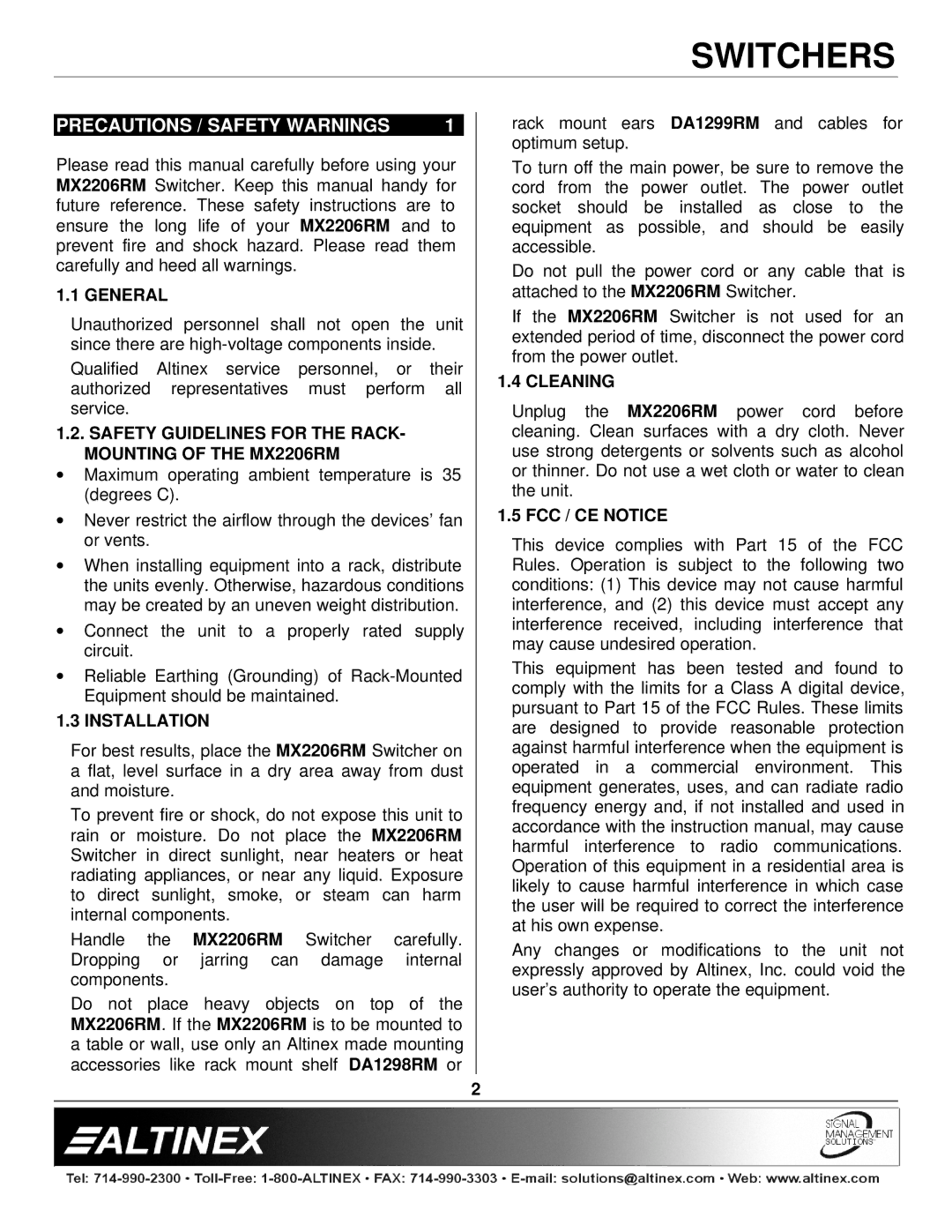 Altinex MX2206RM manual Precautions / Safety Warnings 