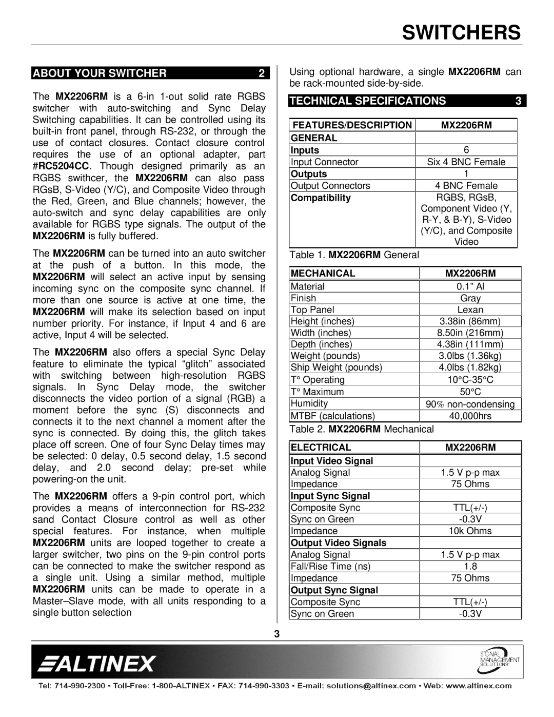 Altinex MX2206RM manual About Your Switcher, Technical Specifications 