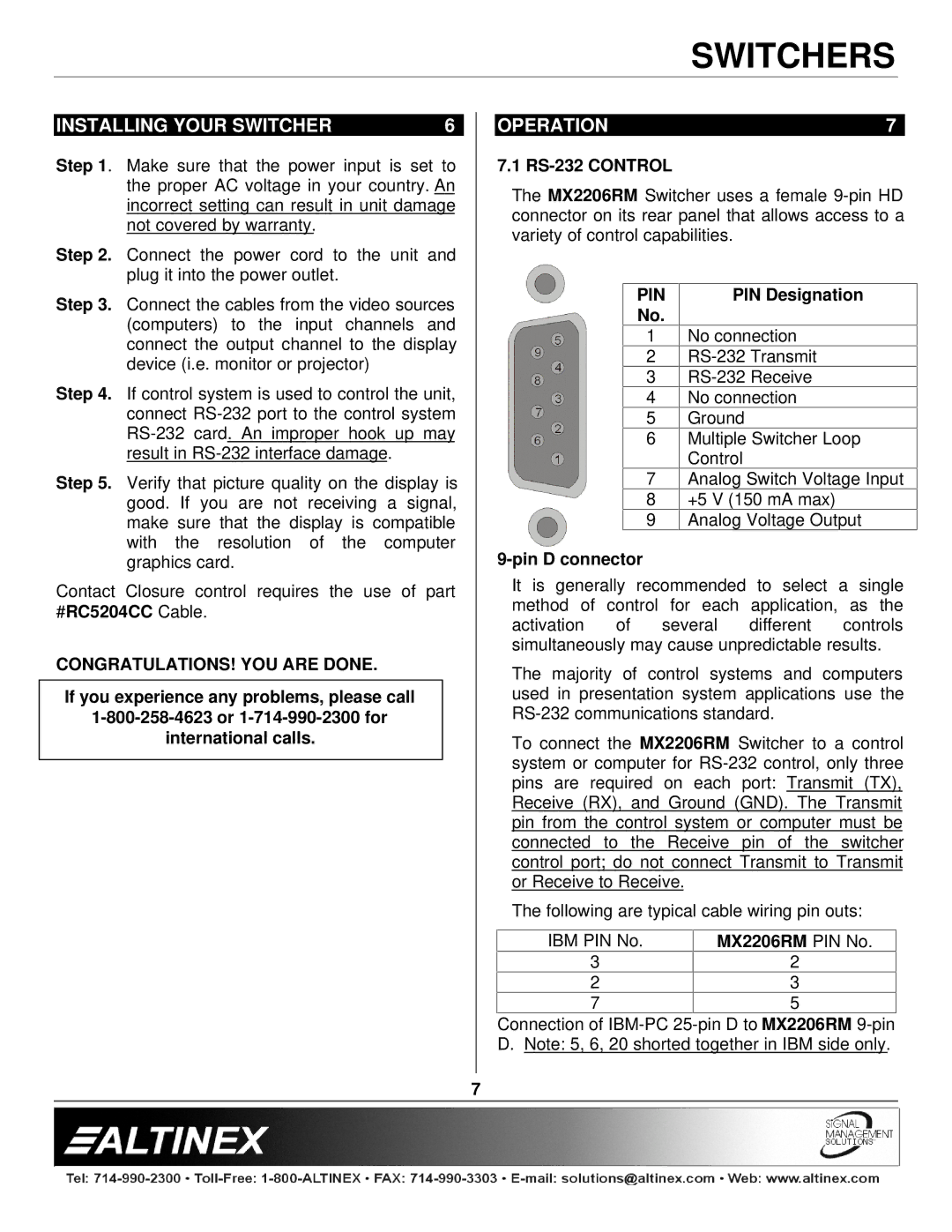 Altinex MX2206RM manual Installing Your Switcher, Operation, Pin, CONGRATULATIONS! YOU are Done 