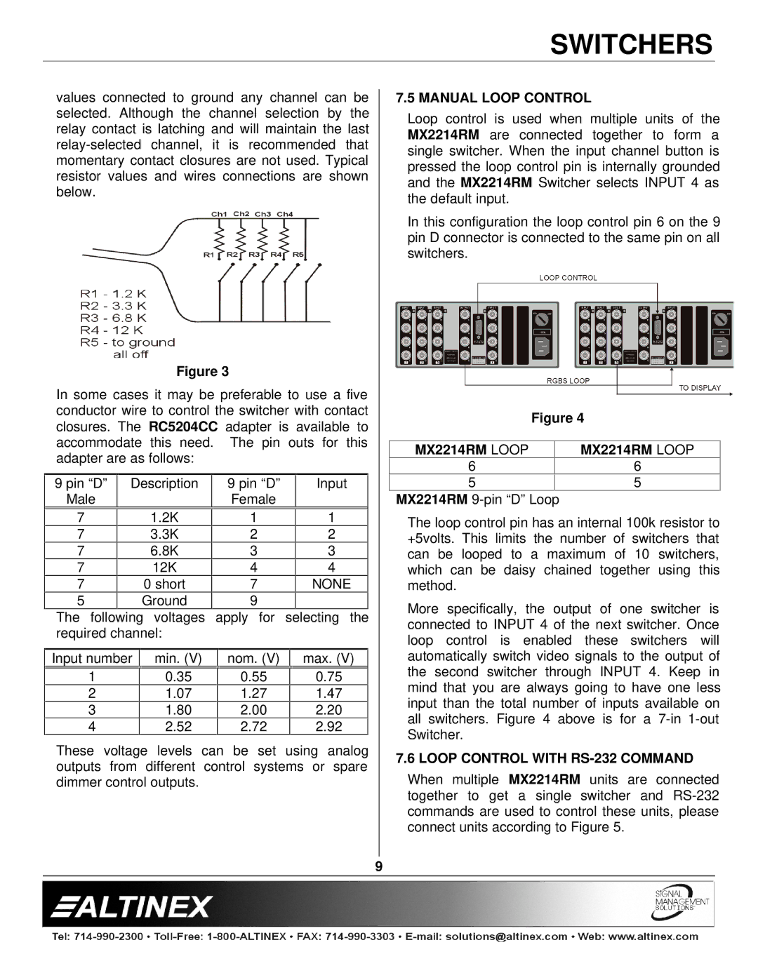 Altinex manual Manual Loop Control, MX2214RM Loop, None, Loop Control with RS-232 Command 