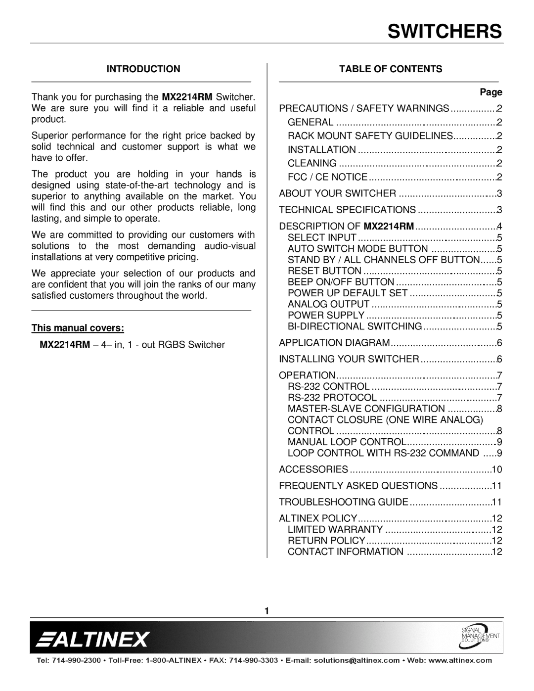 Altinex MX2214RM manual Introduction, Table of Contents 