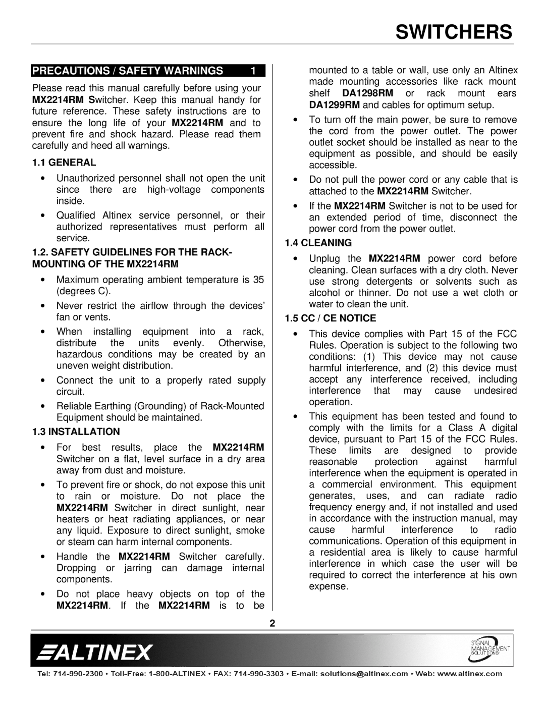 Altinex MX2214RM manual Precautions / Safety Warnings 