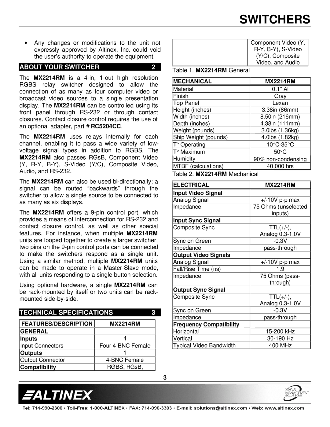 Altinex MX2214RM manual About Your Switcher, Technical Specifications 