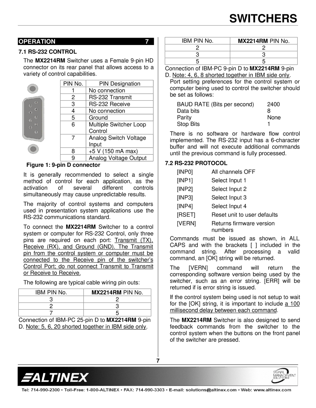 Altinex manual Operation, RS-232 Control, MX2214RM PIN No, RS-232 Protocol 