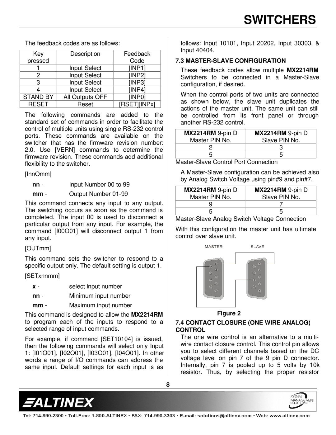 Altinex manual Stand by Reset, MASTER-SLAVE Configuration, MX2214RM 9-pin D, Contact Closure ONE Wire Analog Control 