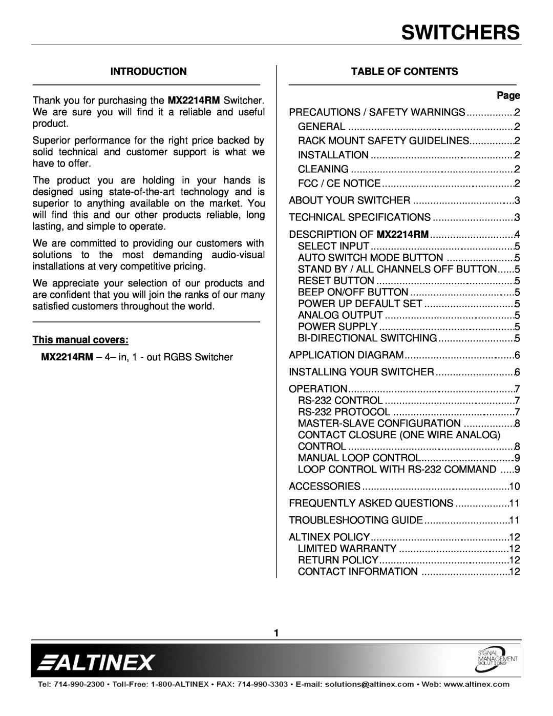 Altinex MX2214RM Introduction, This manual covers, Table Of Contents, Switchers 