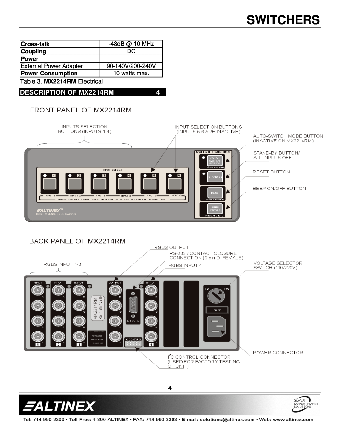 Altinex manual DESCRIPTION OF MX2214RM, Switchers, MX2214RM Electrical, 90-140V/200-240V 