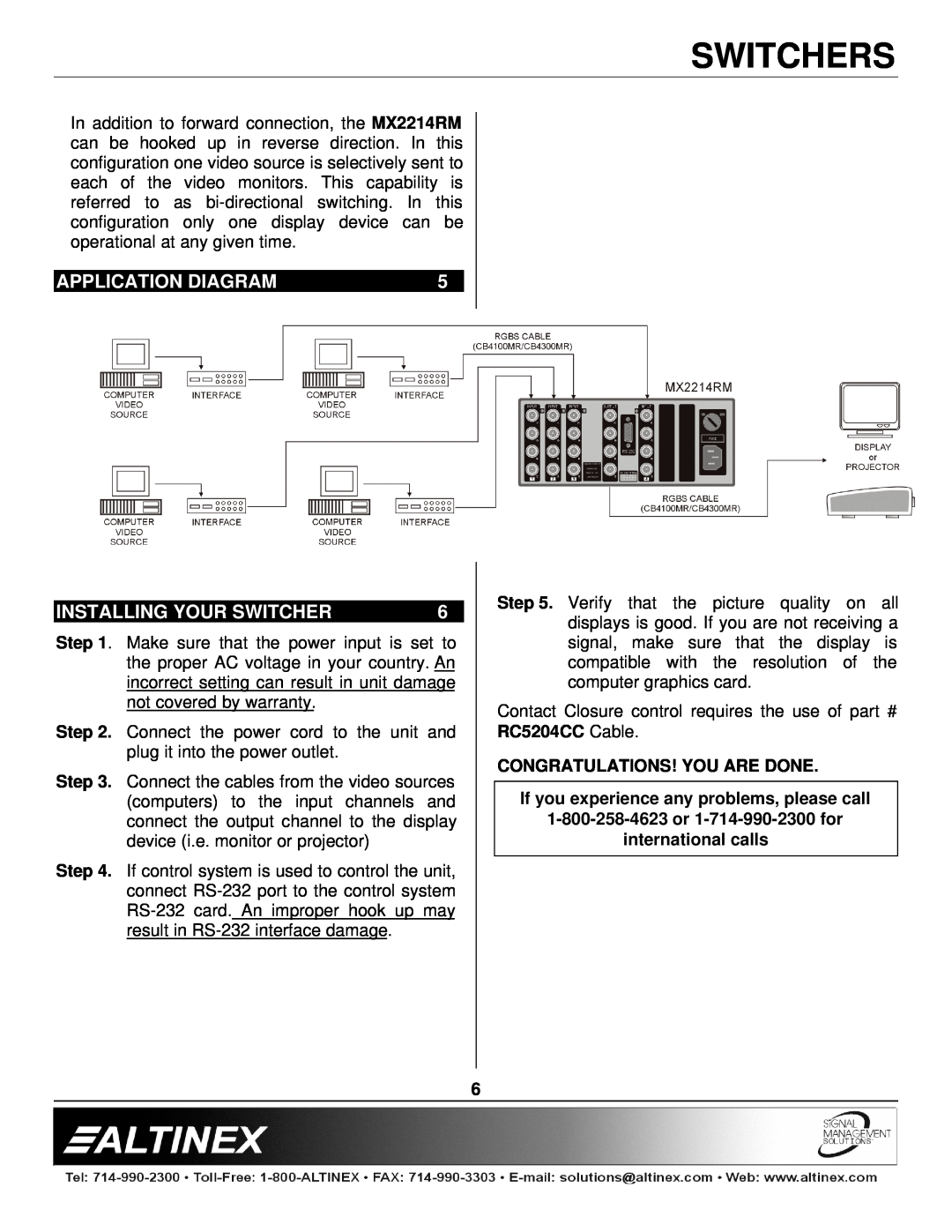 Altinex MX2214RM manual Application Diagram, Installing Your Switcher, Congratulations! You Are Done, international calls 