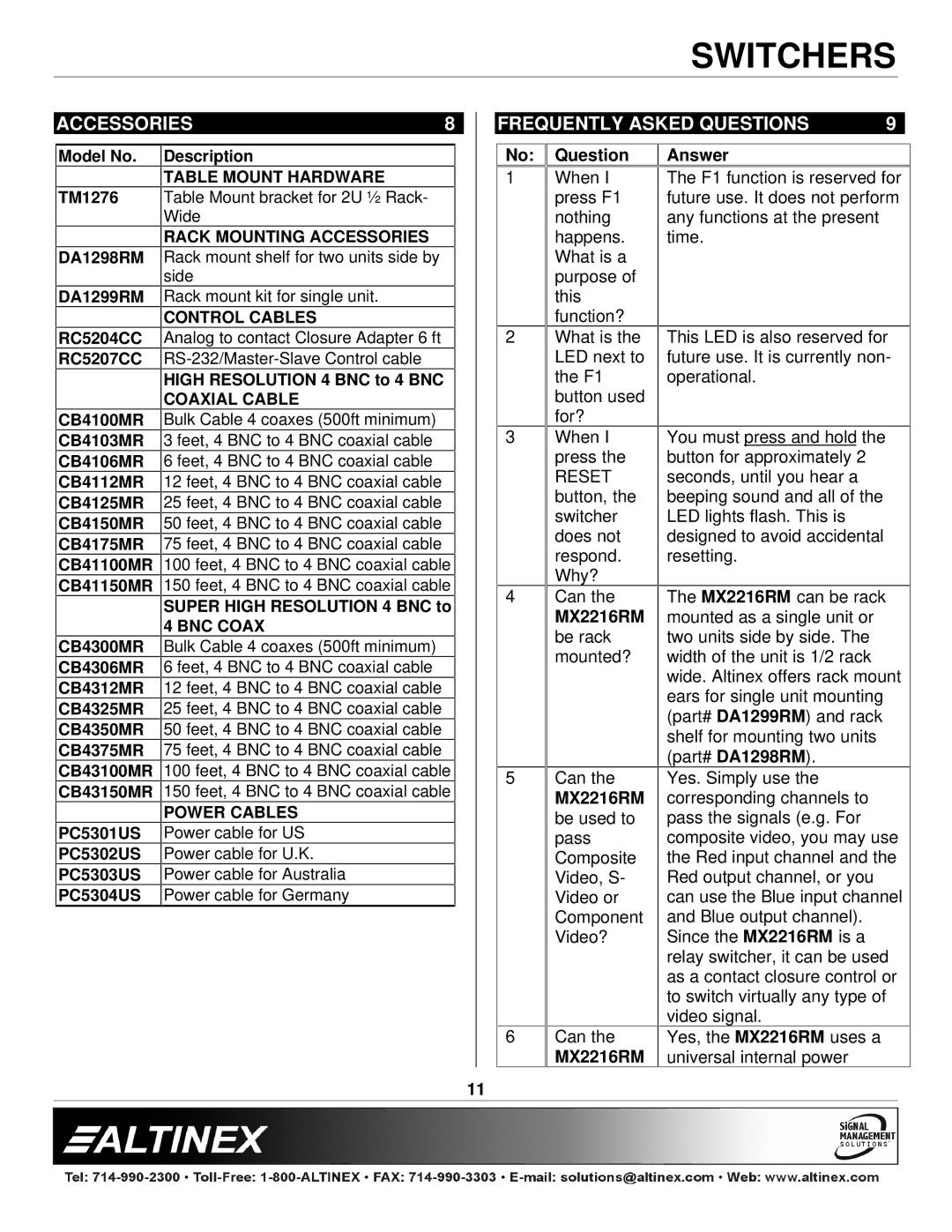 Altinex manual Accessories Frequently Asked Questions, MX2216RM Answer 