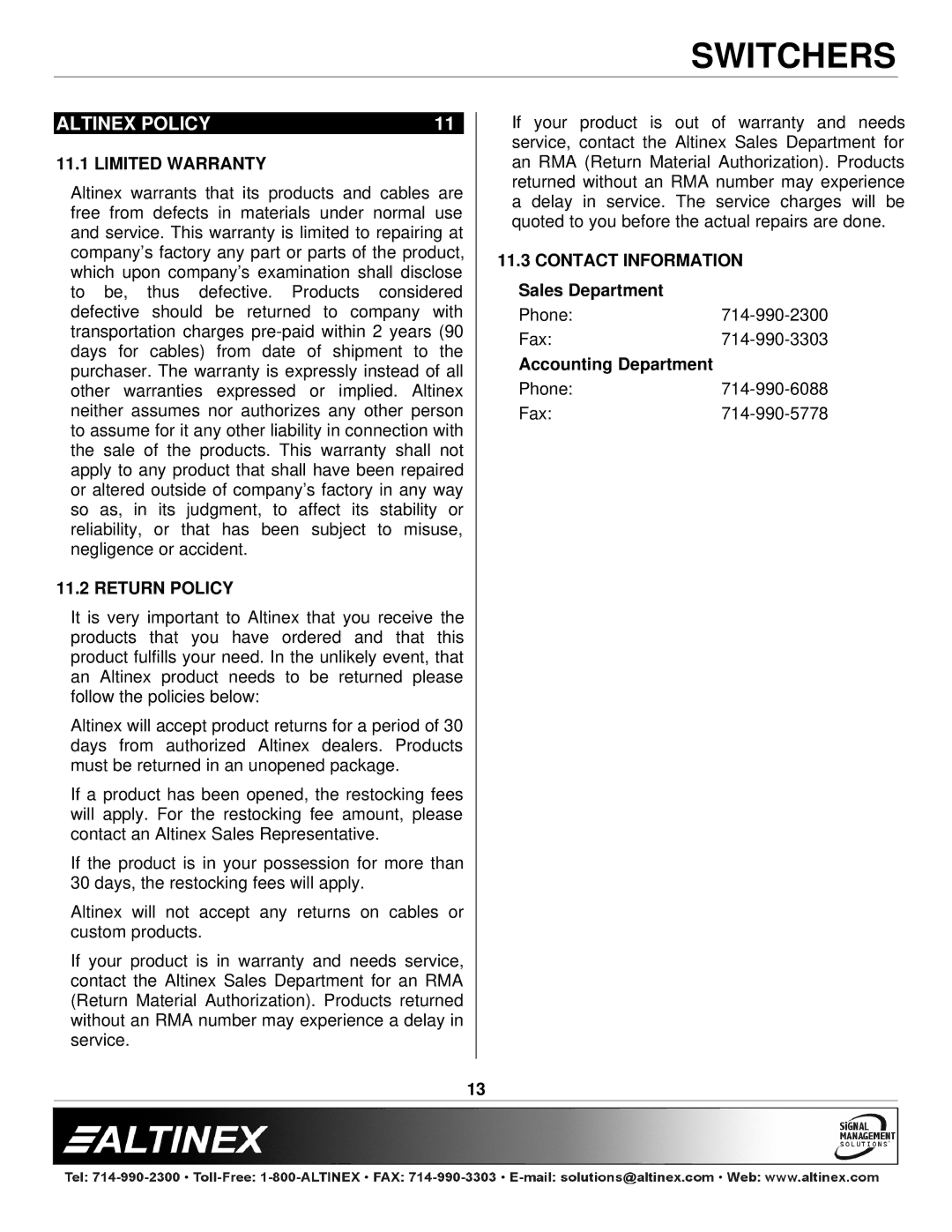 Altinex MX2216RM manual Altinex Policy, Limited Warranty, Return Policy, Contact Information 