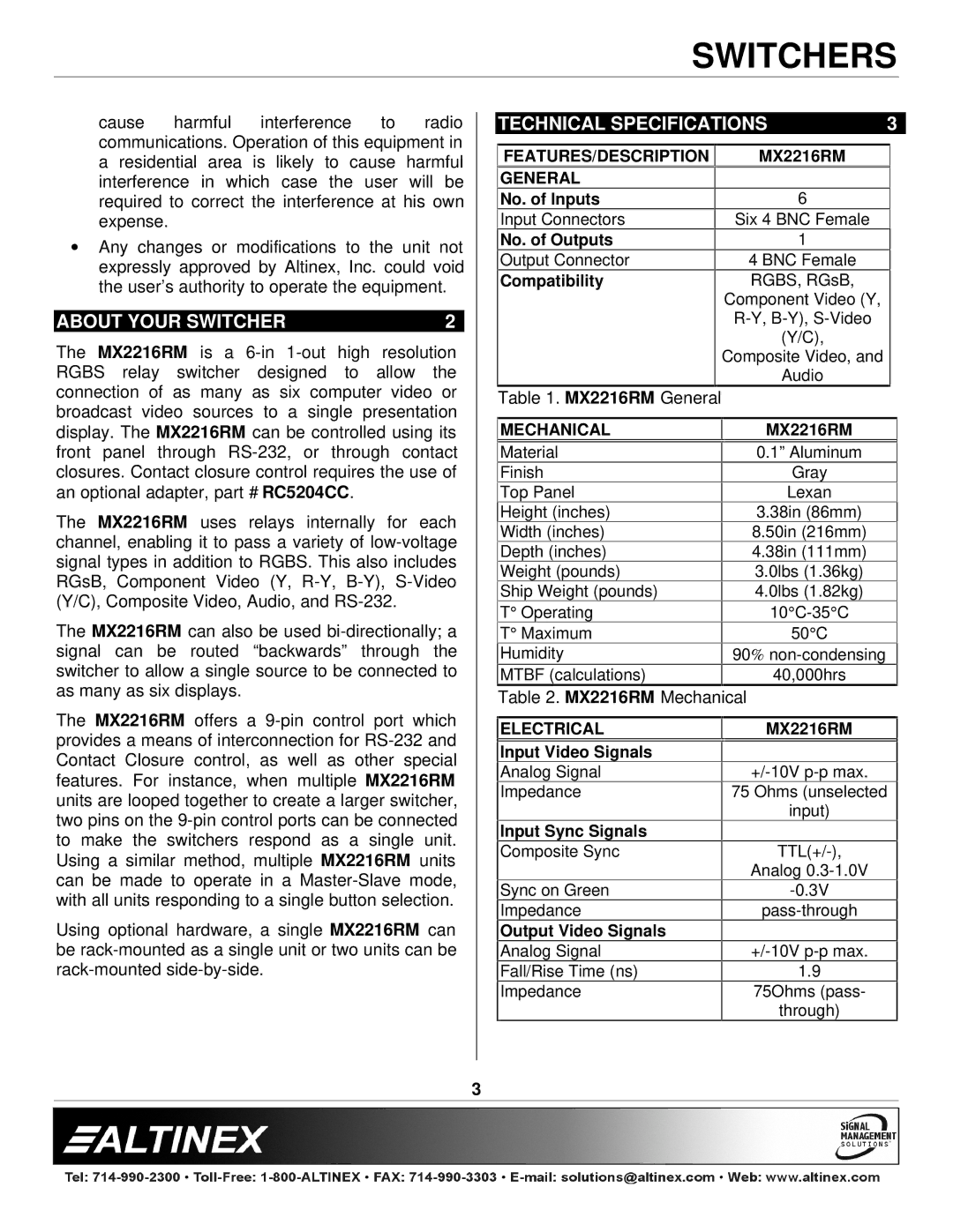 Altinex MX2216RM manual About Your Switcher, Technical Specifications 