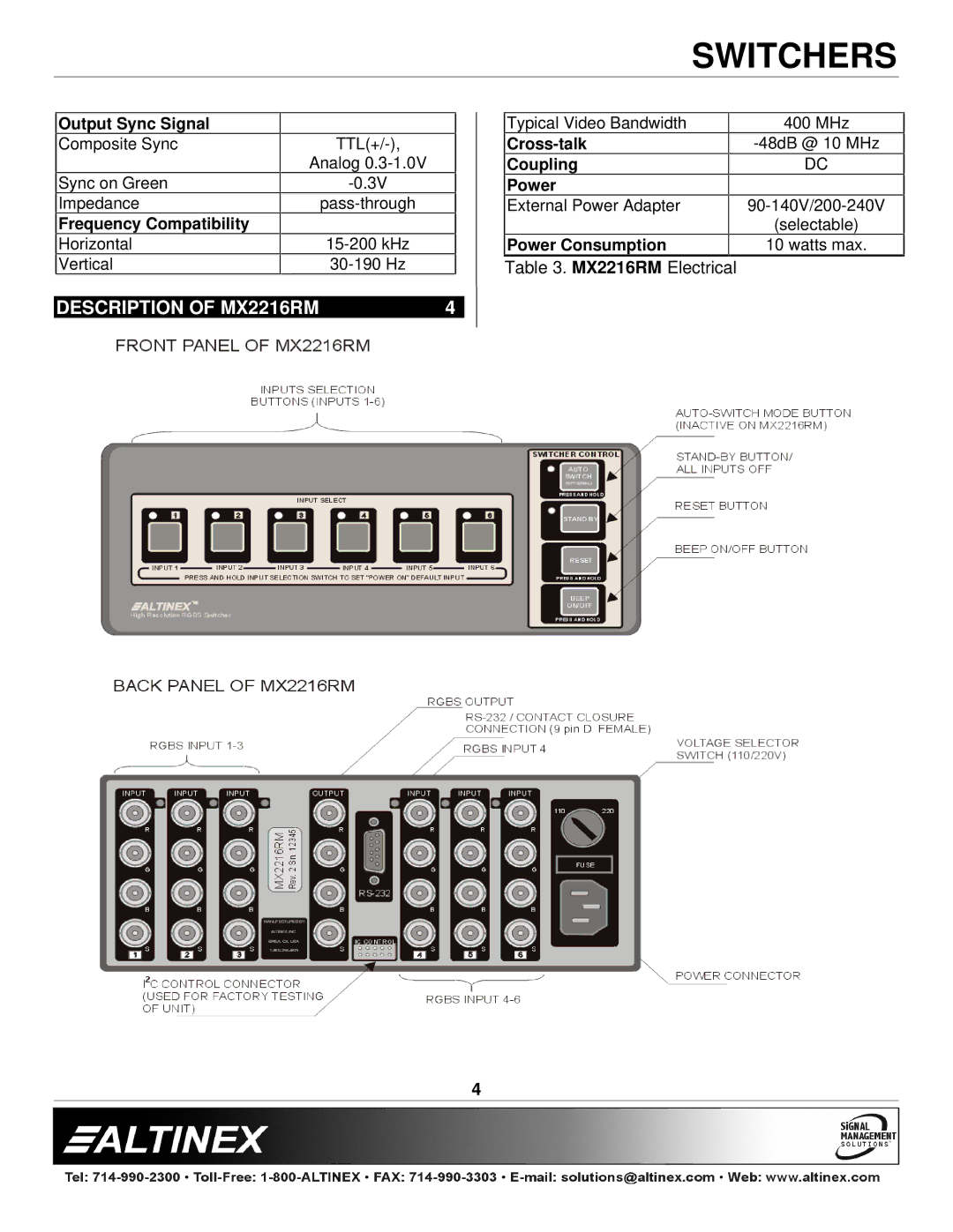 Altinex manual Description of MX2216RM, Frequency Compatibility 