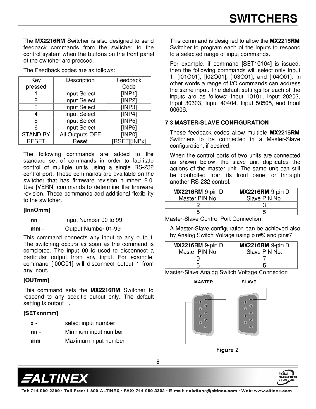 Altinex manual MASTER-SLAVE Configuration, InnOmm, OUTmm, SETxnnmm, MX2216RM 9-pin D 