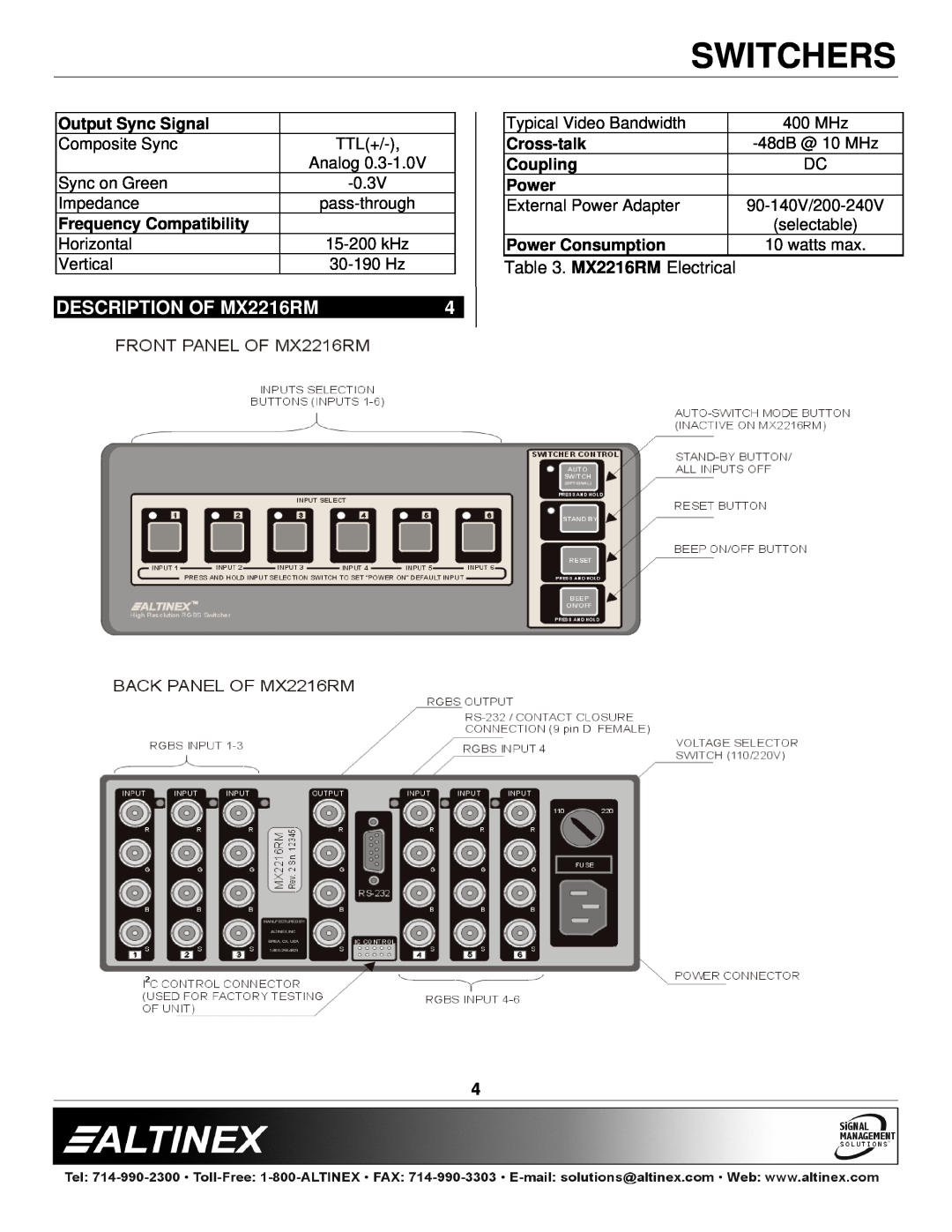 Altinex manual DESCRIPTION OF MX2216RM, Switchers, MX2216RM Electrical 