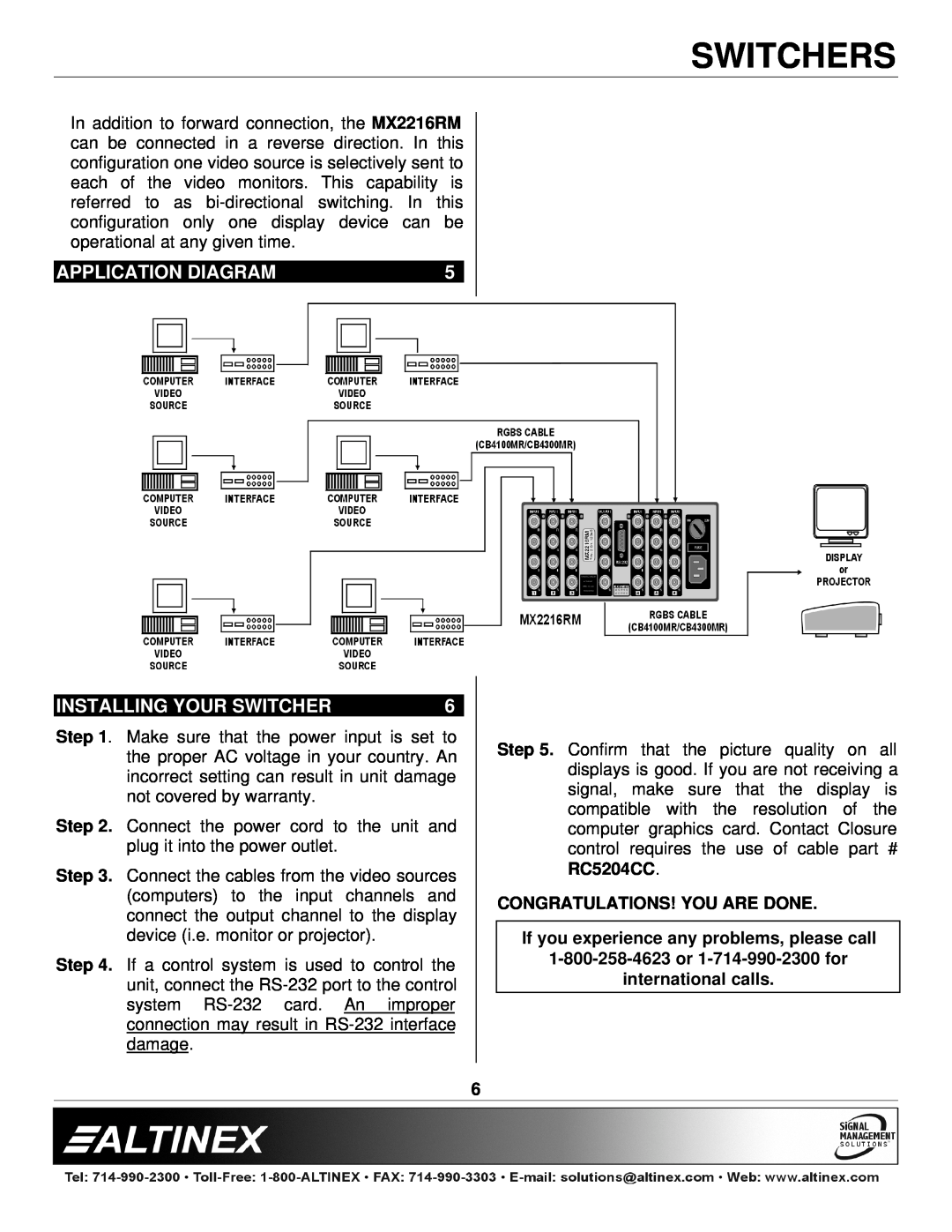 Altinex MX2216RM manual Application Diagram, Installing Your Switcher, Congratulations! You Are Done, Switchers 