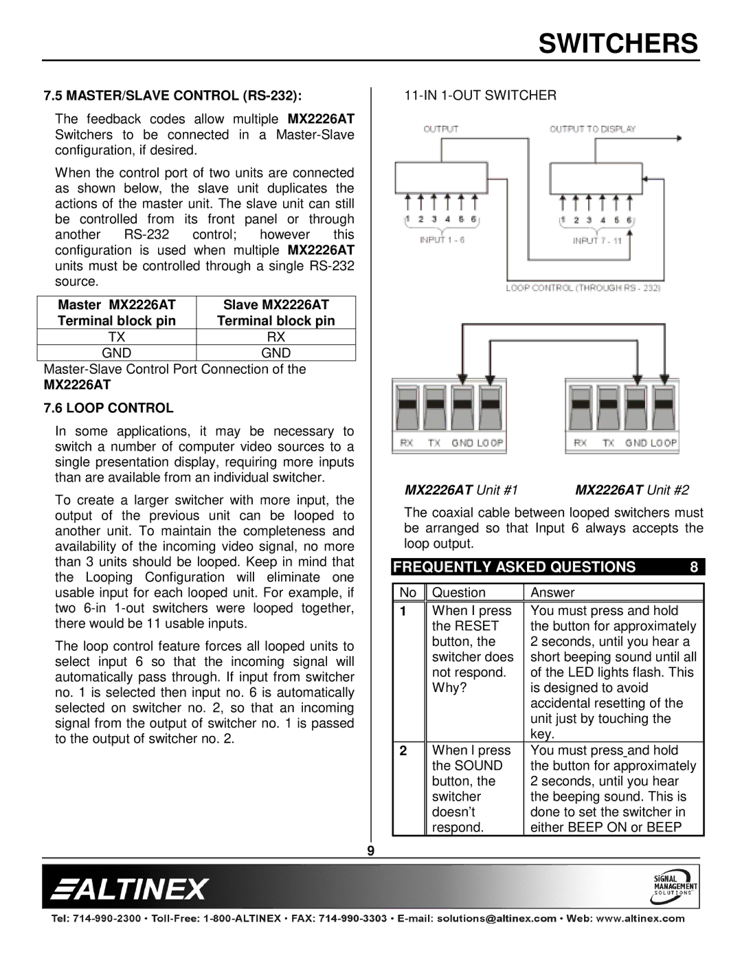 Altinex MX2226AT manual Frequently Asked Questions, MASTER/SLAVE Control RS-232, Gnd, Loop Control 