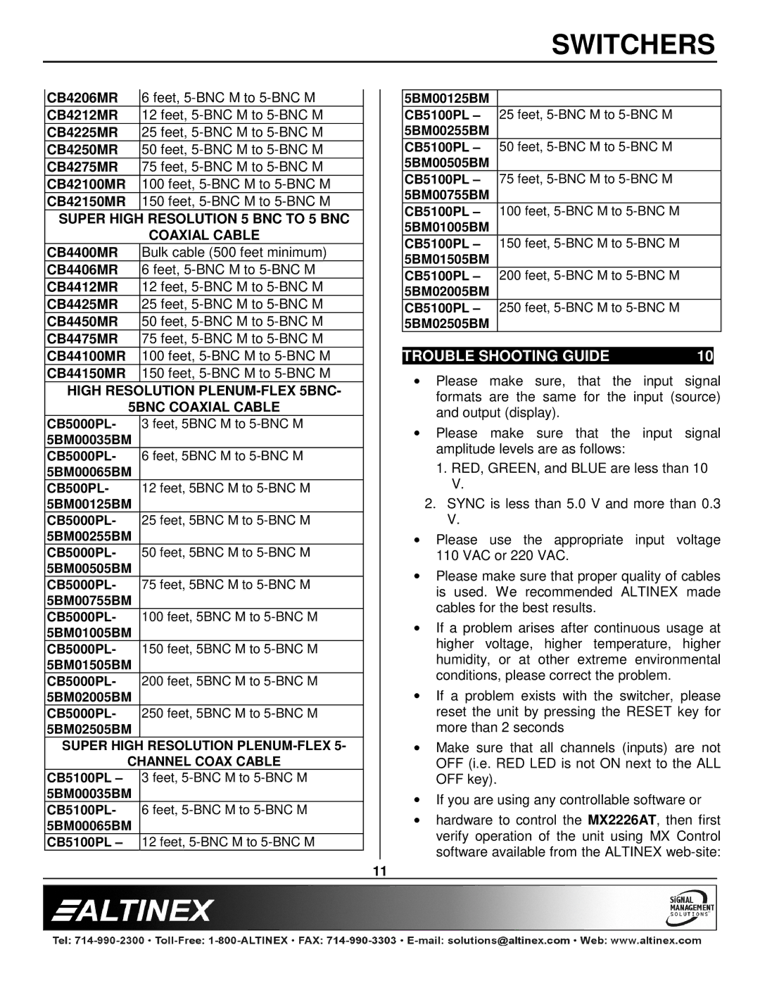 Altinex MX2226AT manual Trouble Shooting Guide, Super High Resolution 5 BNC to 5 BNC Coaxial Cable 