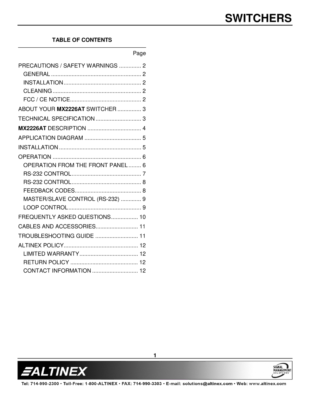 Altinex MX2226AT manual Table of Contents 