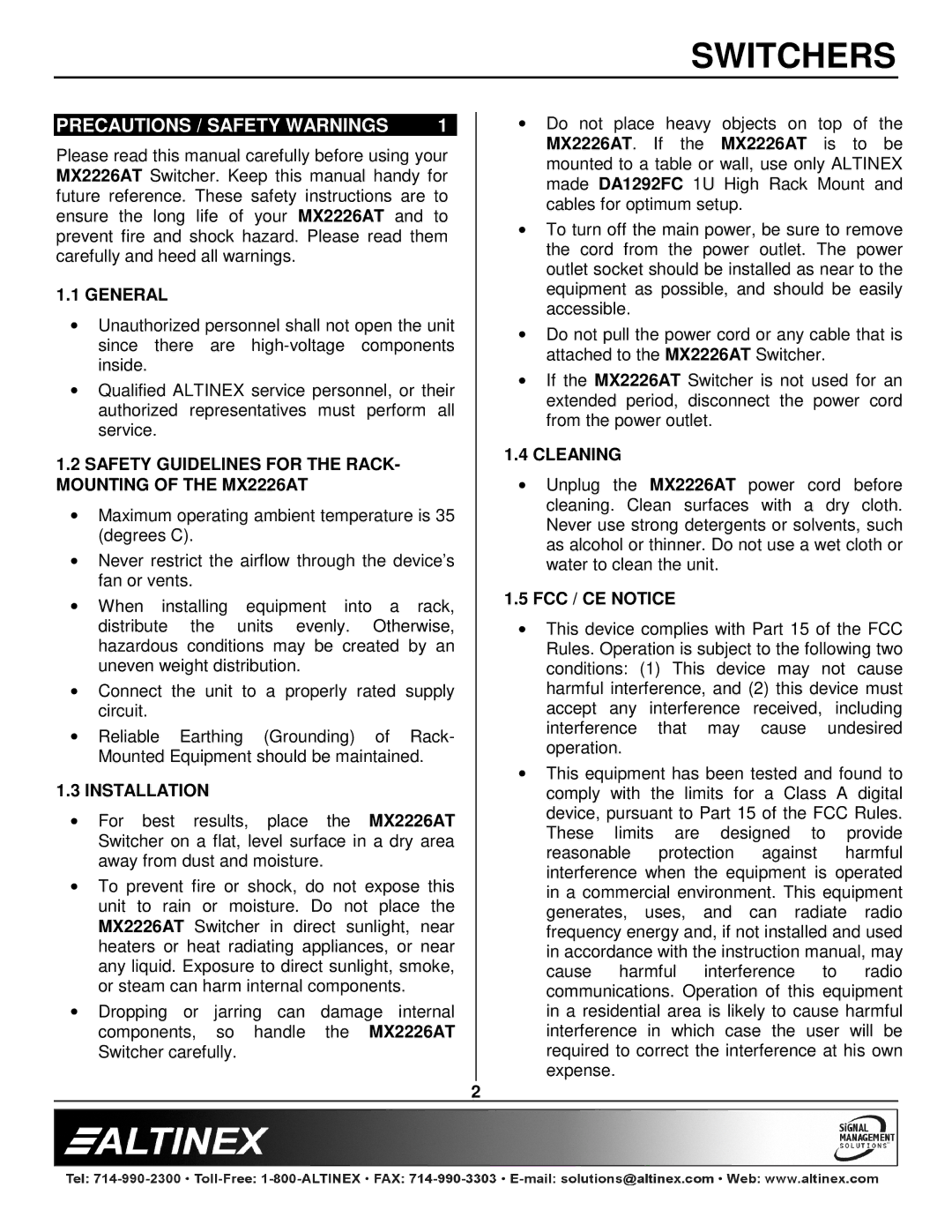 Altinex MX2226AT manual Precautions / Safety Warnings 