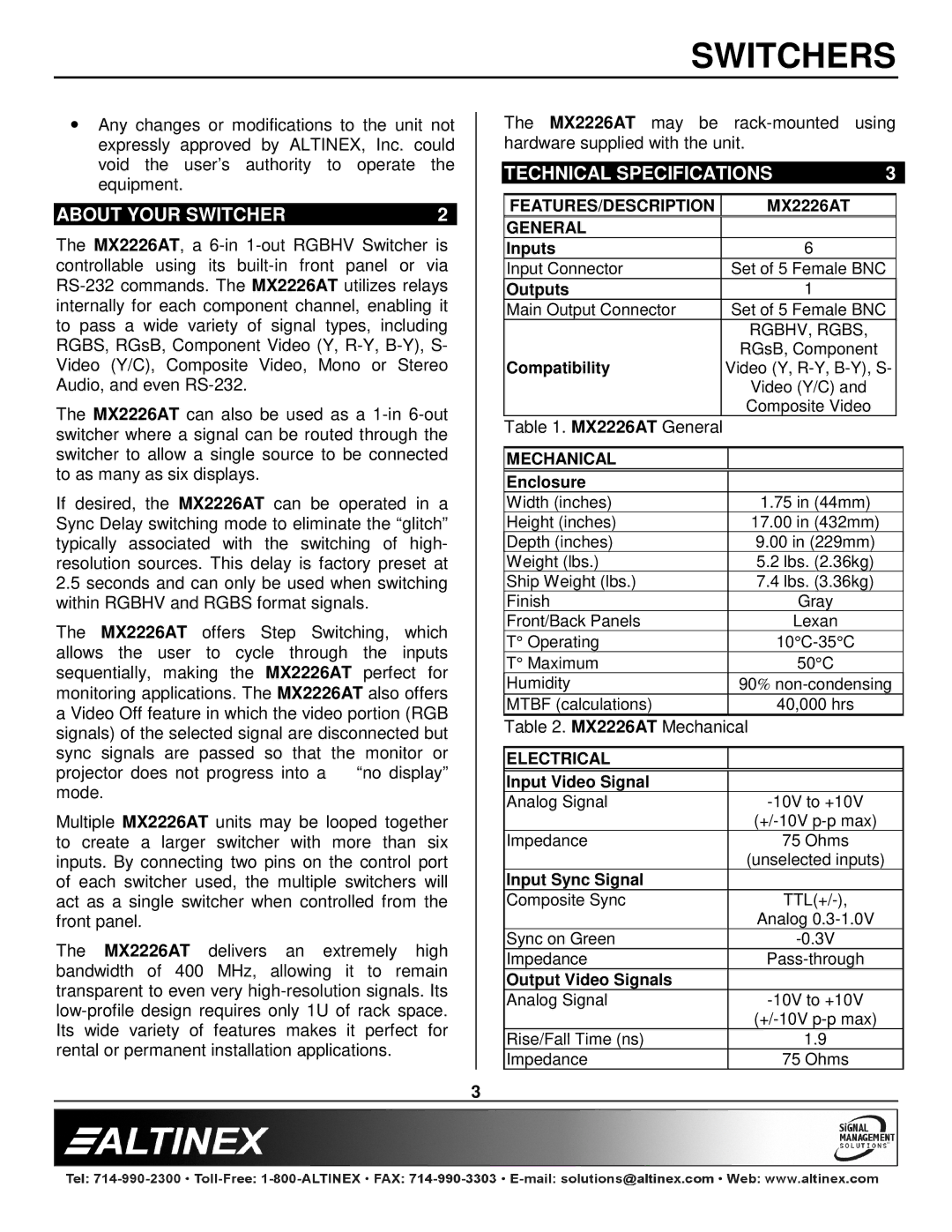 Altinex MX2226AT manual About Your Switcher, Technical Specifications 