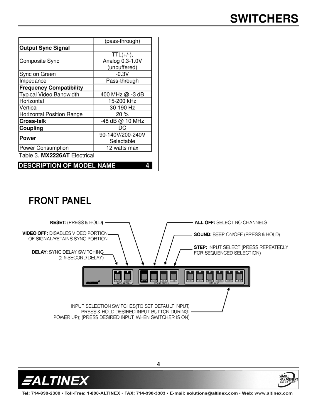 Altinex MX2226AT manual Description of Model Name, Frequency Compatibility 