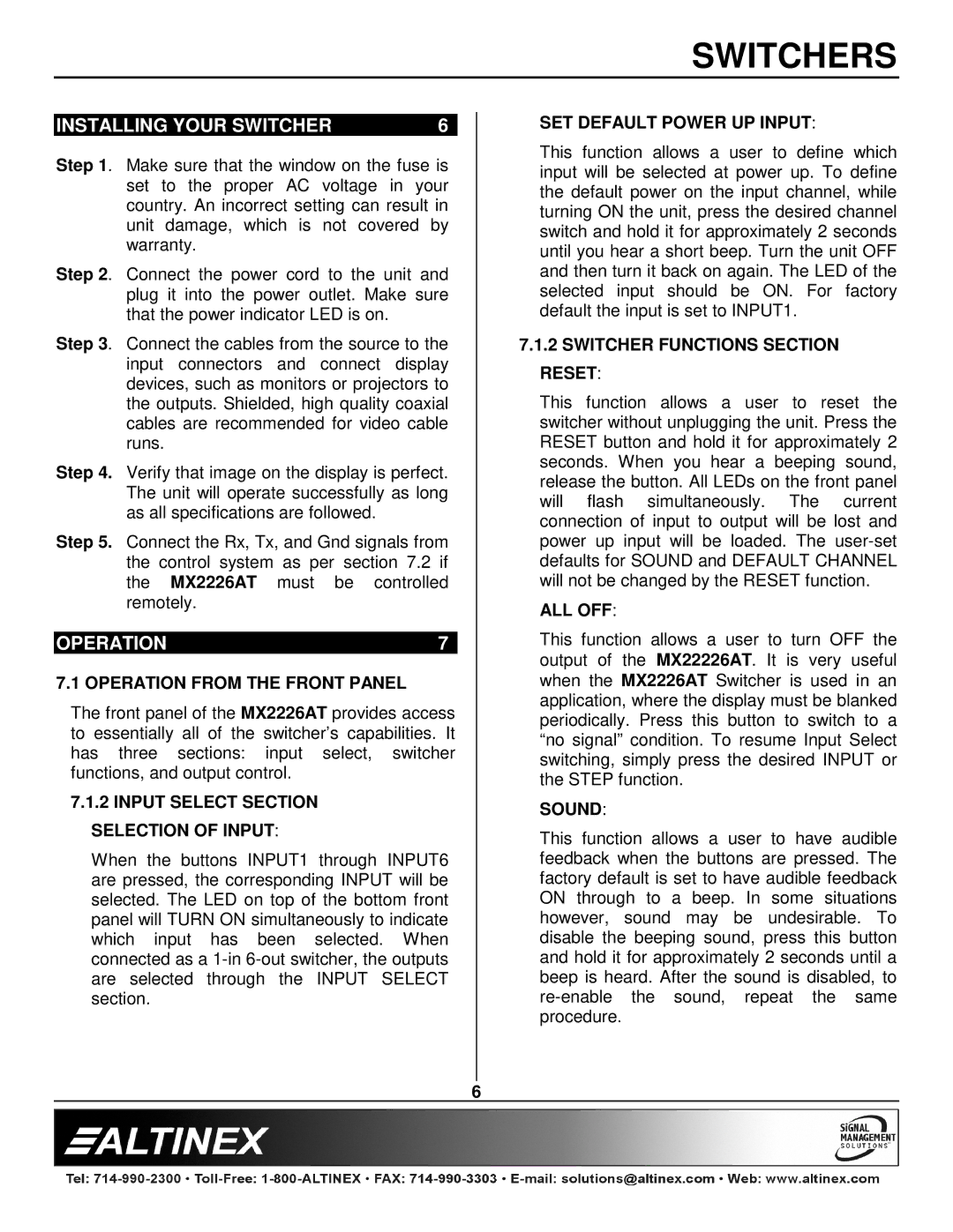 Altinex MX2226AT manual Installing Your Switcher, Operation 